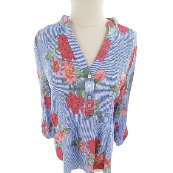 Classic blue pinstripe top with rose pattern - Picture 5 of 10